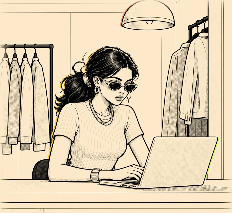 Dueña de tienda trabajando sola en el mostrador, de noche