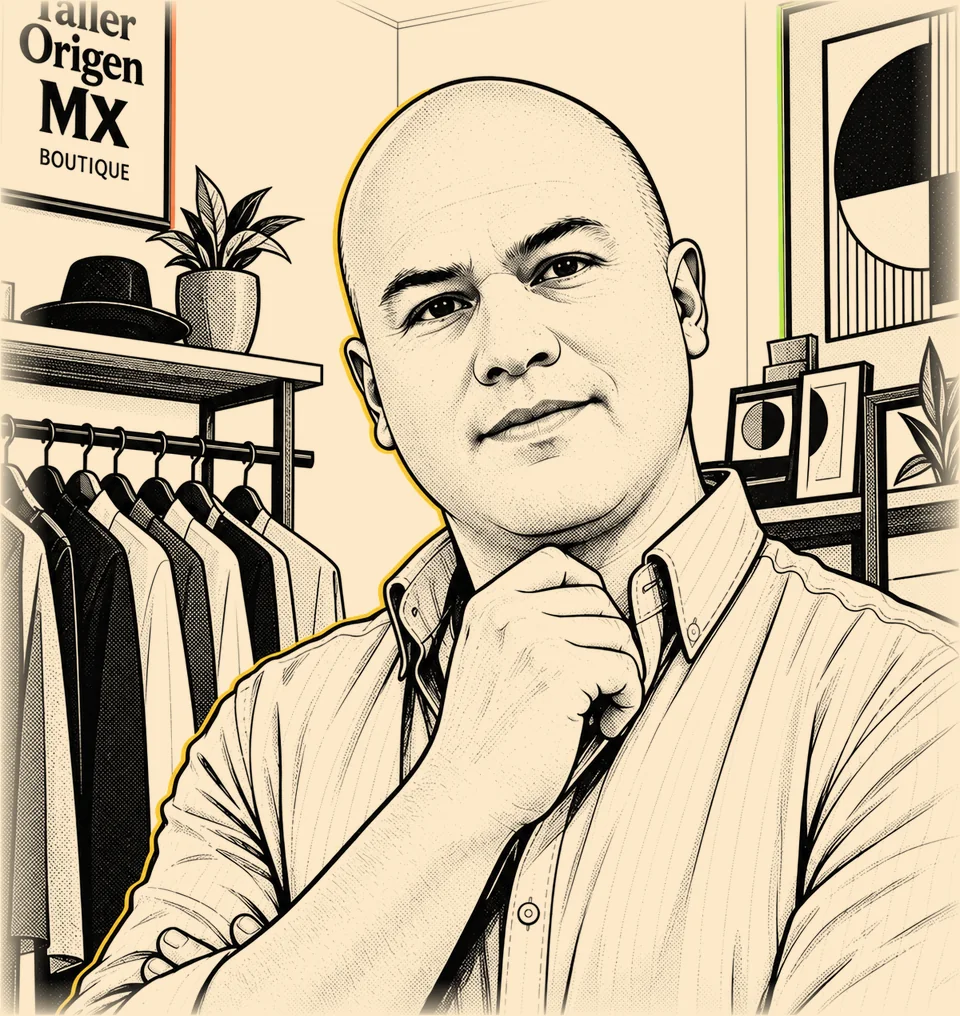 Fausto, fundador de Kongzila, en el piso de una boutique