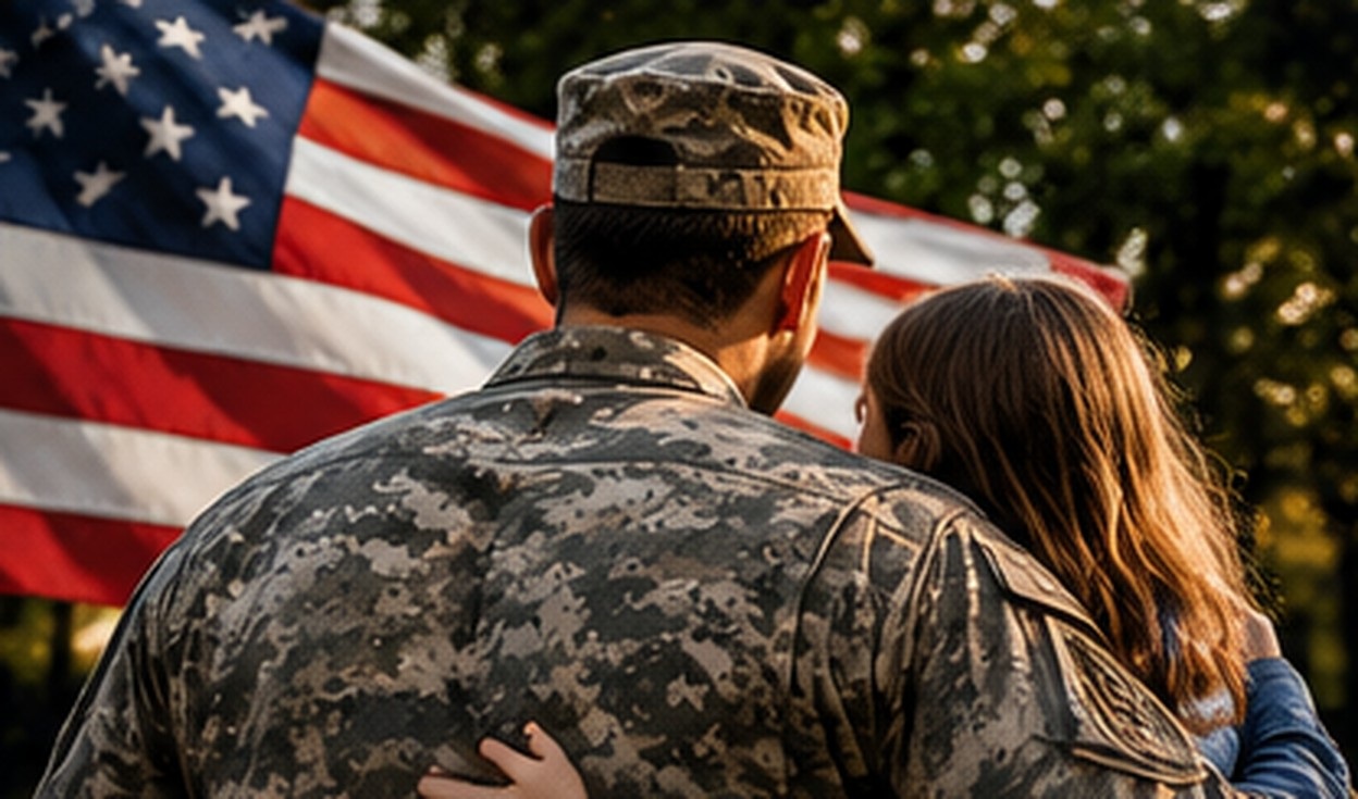 AI-generated illustrative scene of a veteran and family member during remembrance, not a record of a specific event