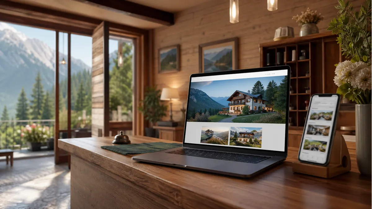 Interior de pensiune modernă cu laptop deschis pe o pagină de rezervări directe