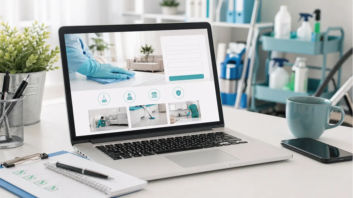 Website modern pentru firmă de curățenie deschis pe laptop într-un birou luminos