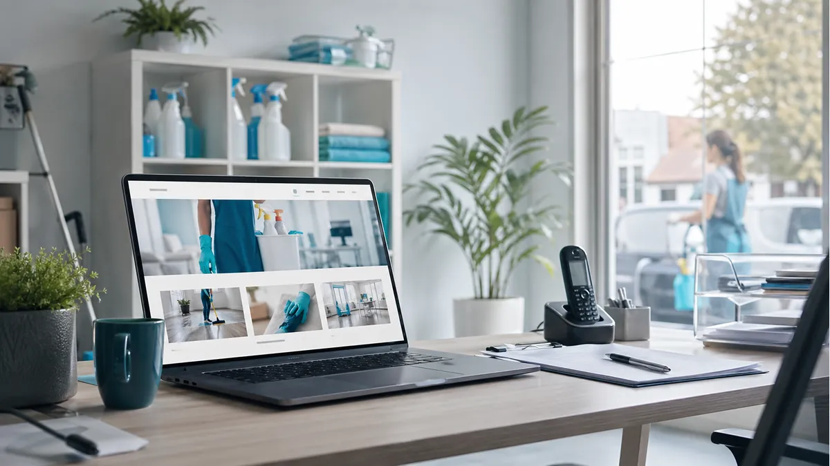 Birou de firmă de curățenie cu laptop deschis și lead-uri locale sugerate vizual