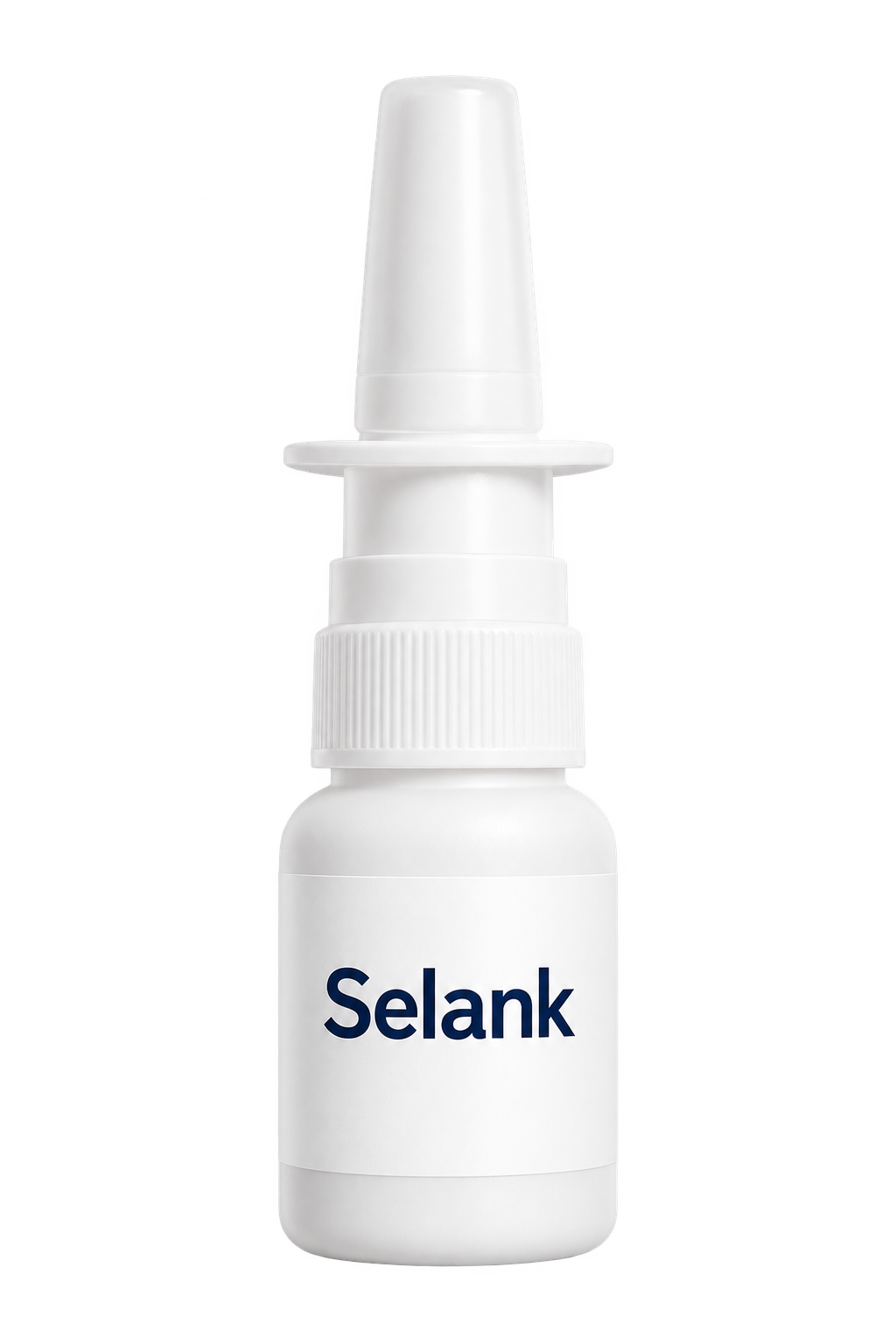 White plastic Selank nasal spray bottle illustration; packaging may vary