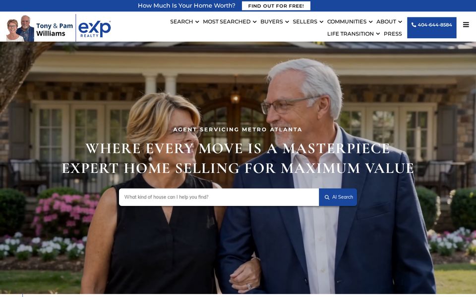 Homepage of Tony and Pam Williams's real estate website in Acworth, Georgia, built by BulletProof