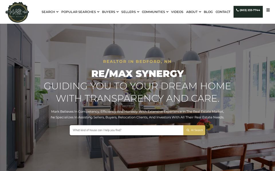 Homepage of Mark Lynch's real estate website in Bedford, New Hampshire, built by BulletProof