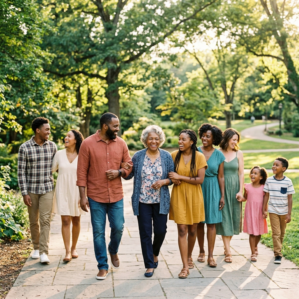 A family walking together outdoors, supporting an elderly member — representing the personalized care Opulent Parents provides