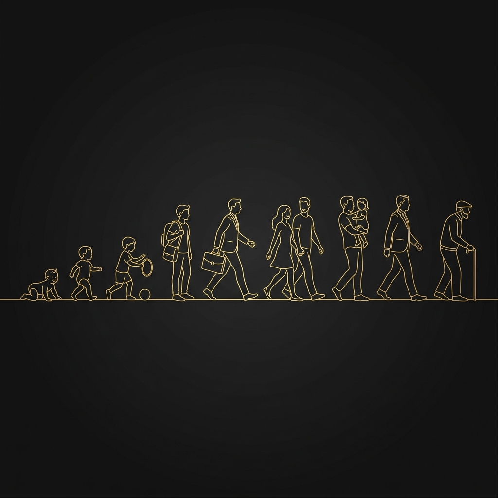 Artistic illustration showing the stages of life from childhood to old age