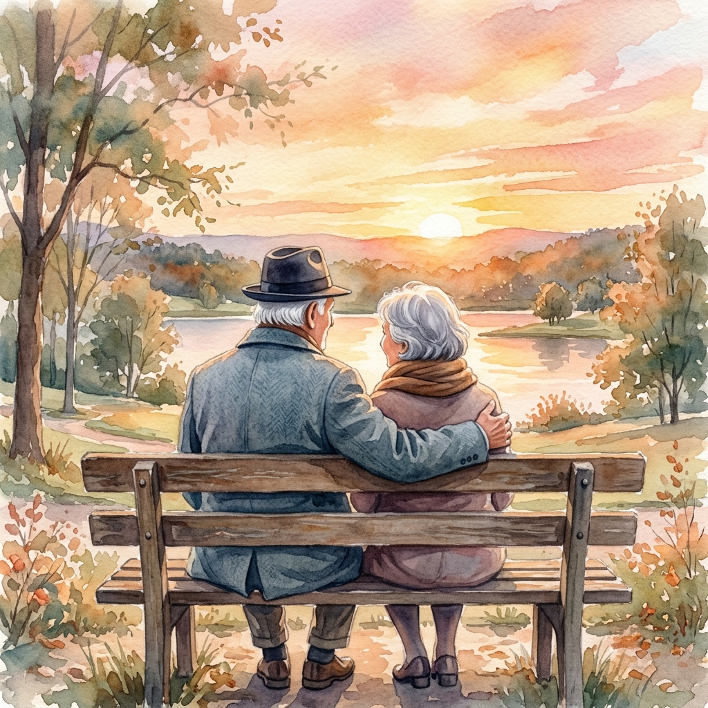 Elderly couple sitting together on a bench, looking at the sunset — representing the warmth and companionship that Opulent Parents provides