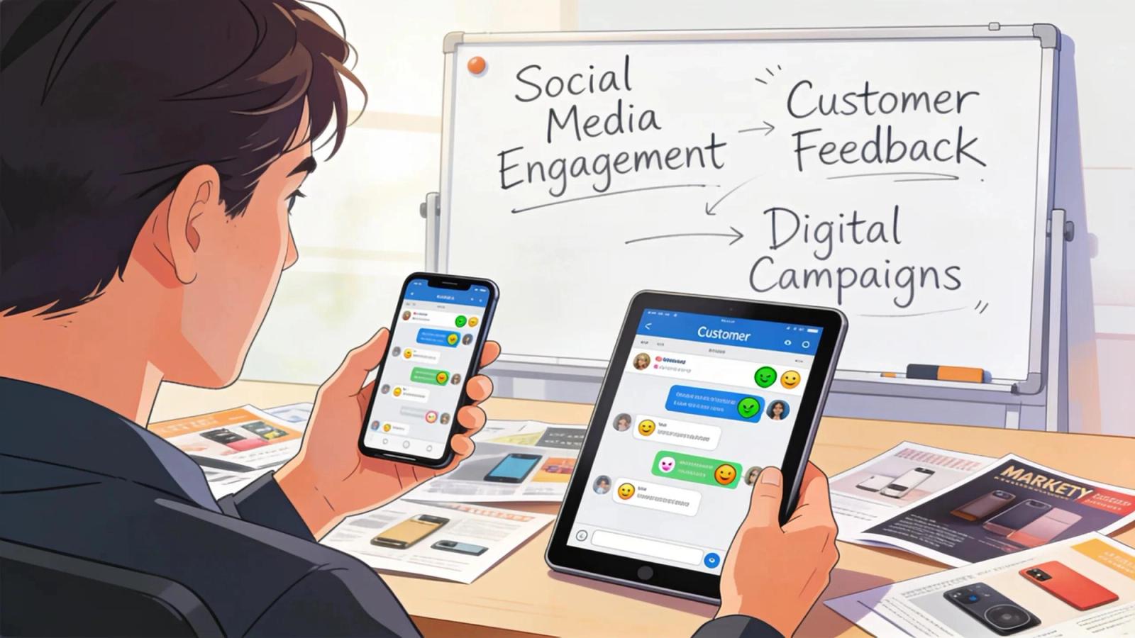 Person using digital devices for marketing engagement in a modern workspace