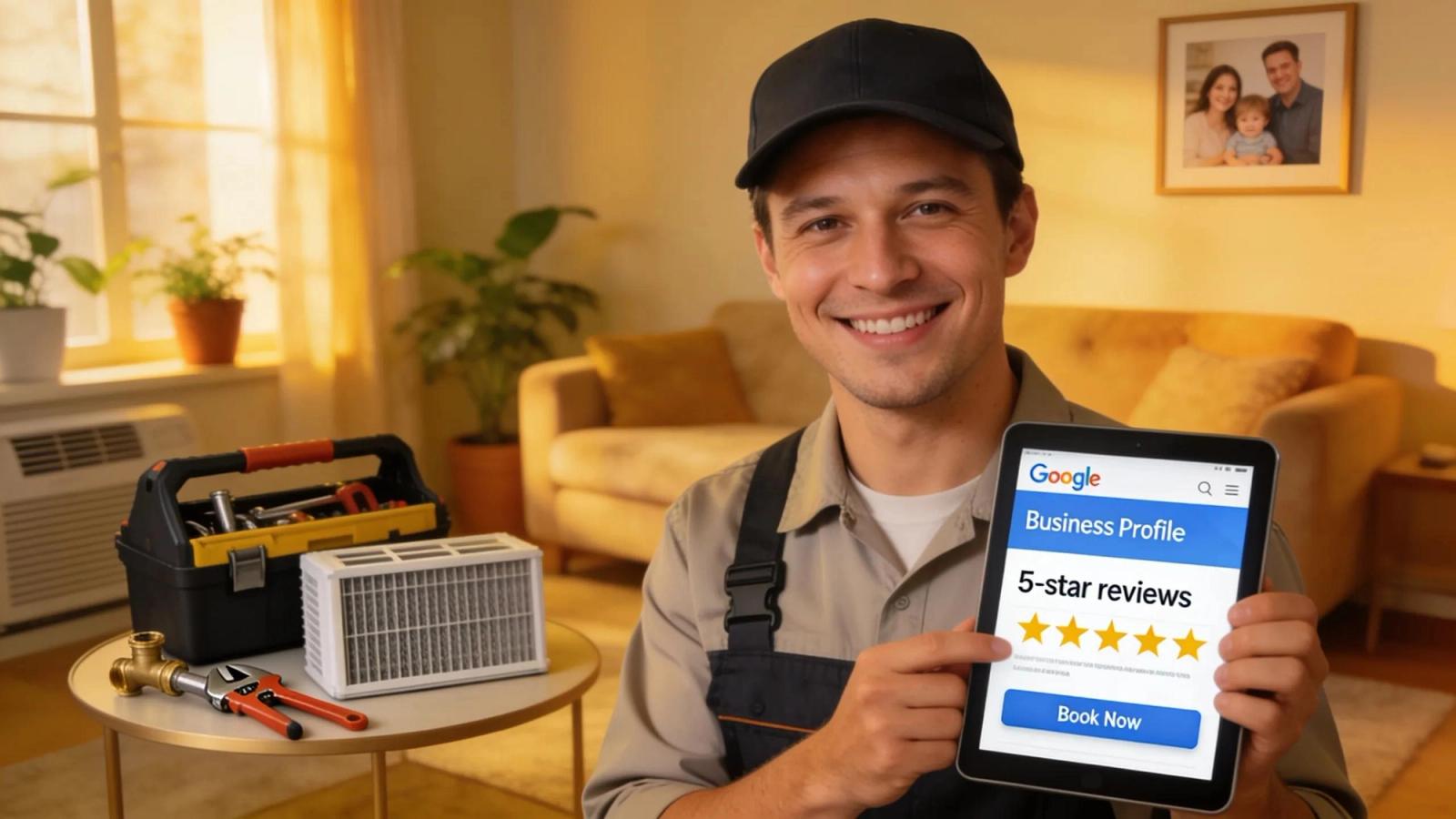 Home-service technician using Google Business Profile on a mobile device at a residential job site to improve local search visibility