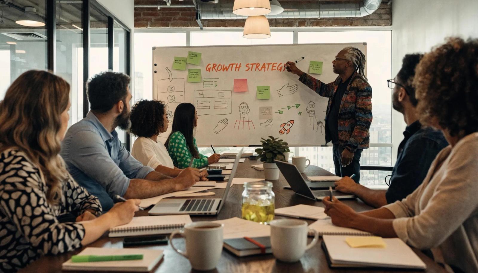 Consultant presenting business growth strategies in a conference room, highlighting collaboration and engagement