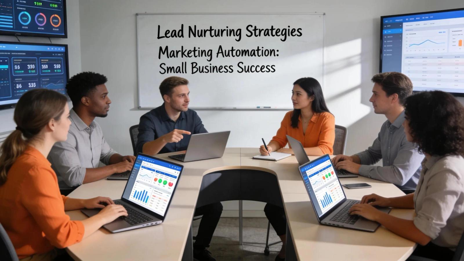 Team collaborating to establish lead nurturing workflows through marketing automation