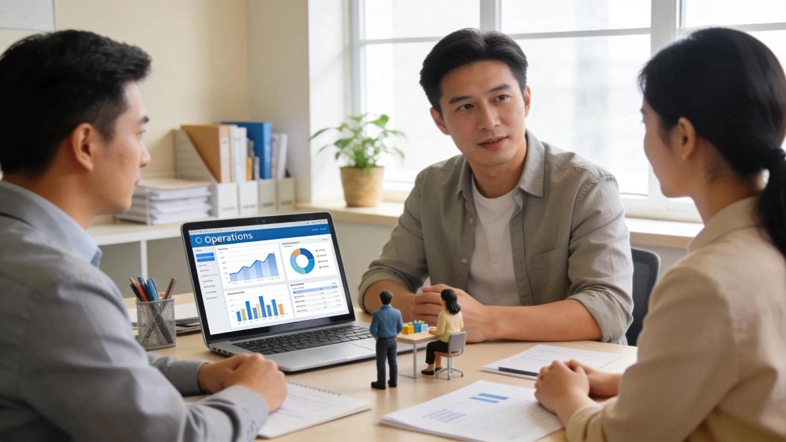 Consultant reviewing process workflows with small business owners to identify efficiency gains
