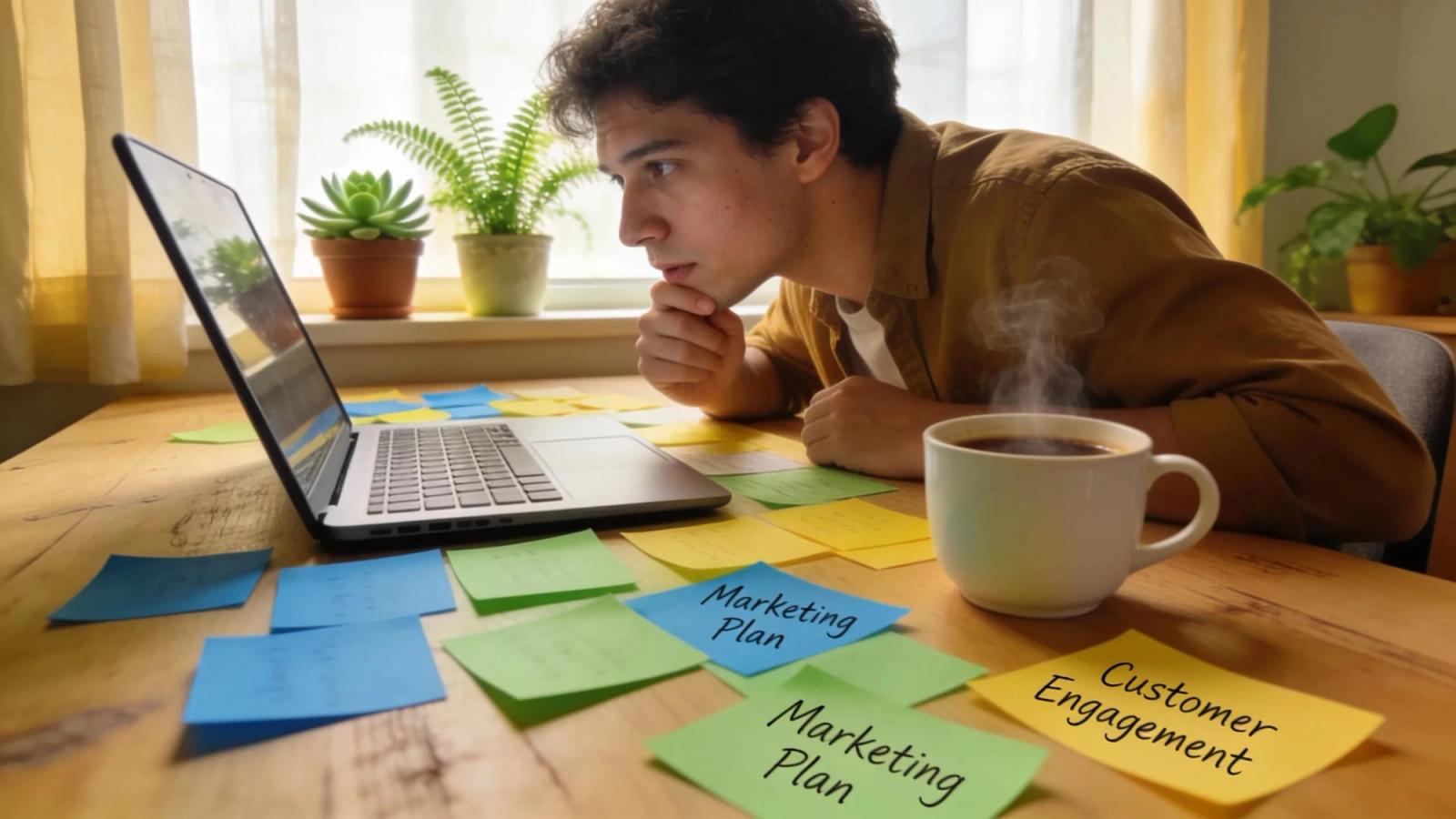 Small business owner strategizing in a bright office, surrounded by notes and a laptop