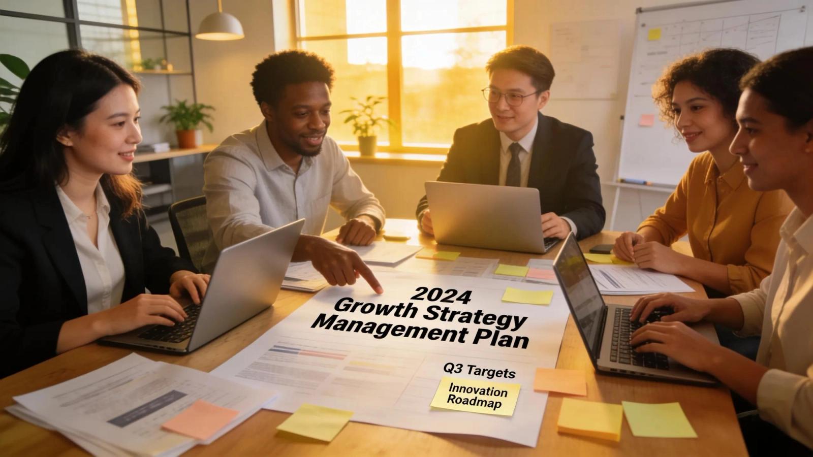Diverse business team collaborating on strategy management, showcasing engagement and innovation
