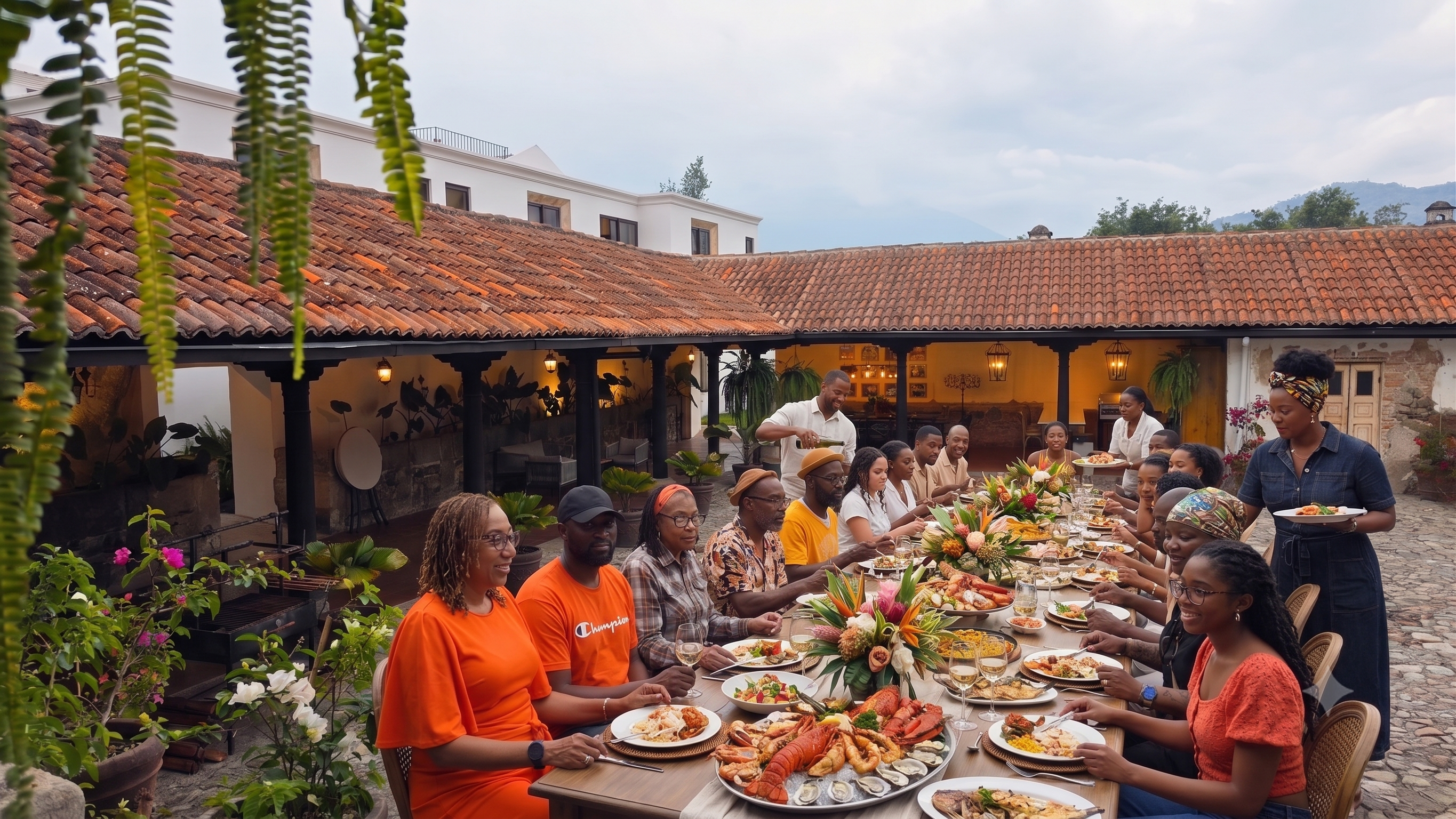Group of Black friends and family enjoying a communal seafood meal together in Guatemalan