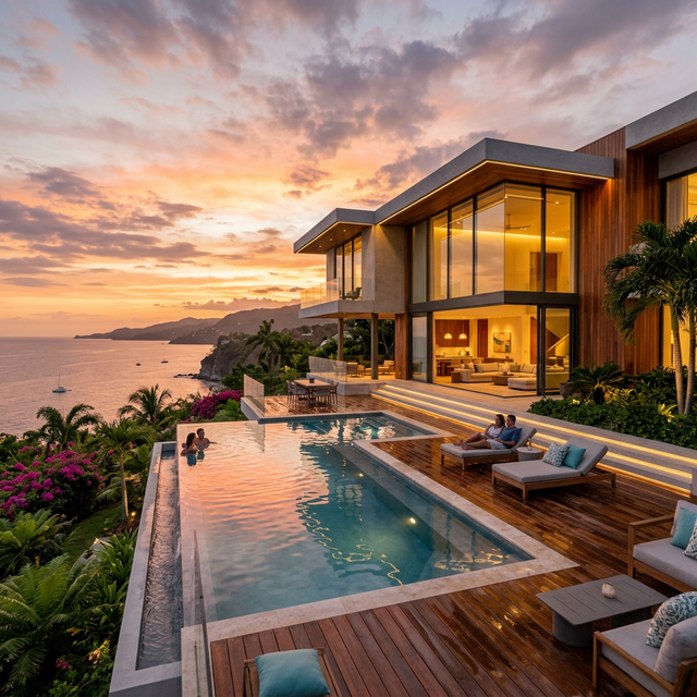 Luxury Villa Exterior Pool View at Sunset