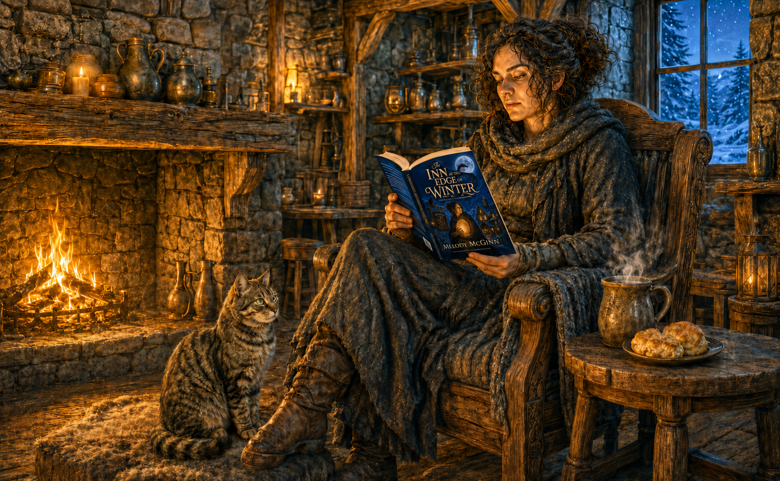 A warm, candlelit inn interior in winter