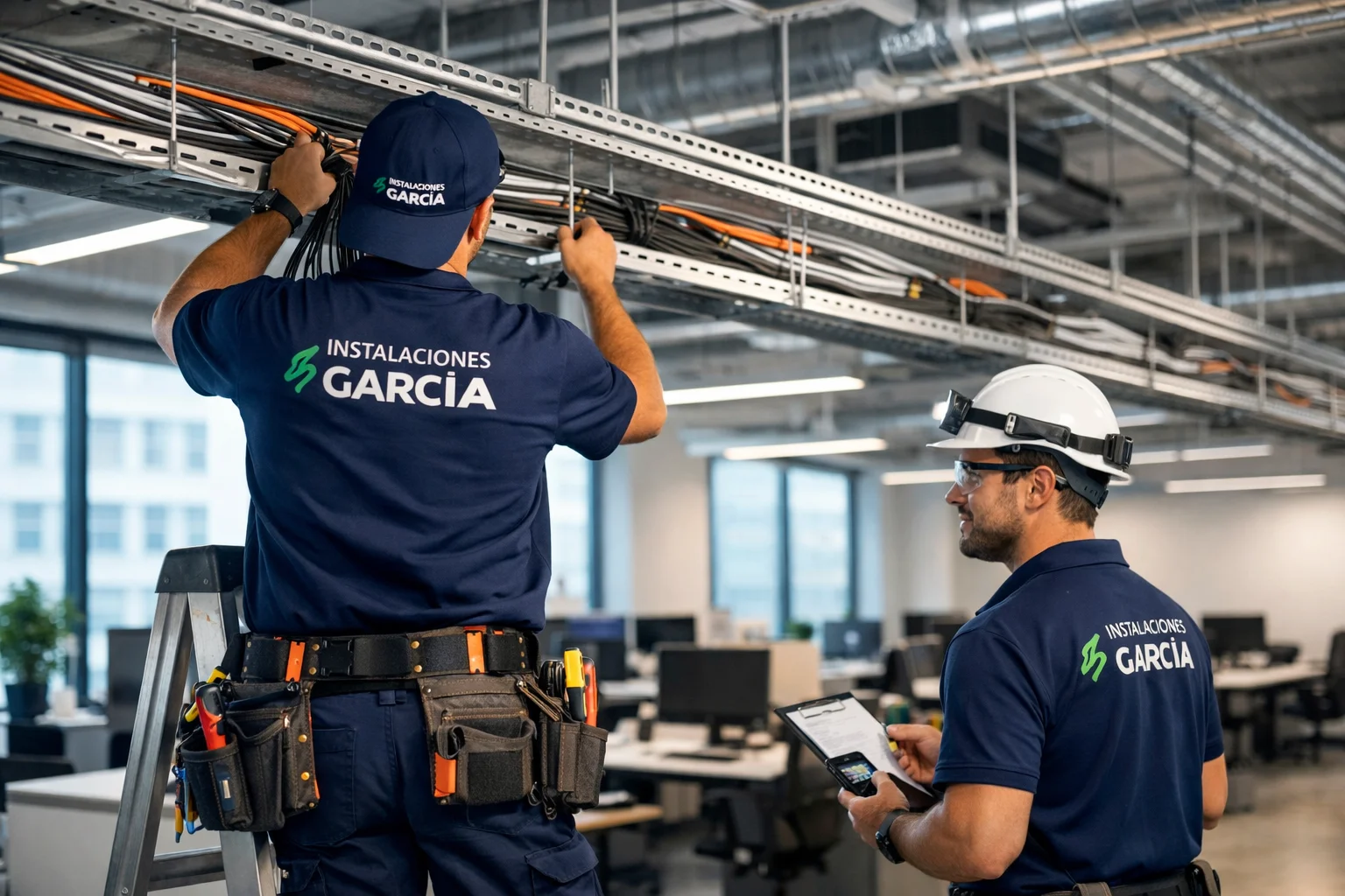 Instalación eléctrica completa en oficina nueva abierta con canaletas en el techo en Marbella