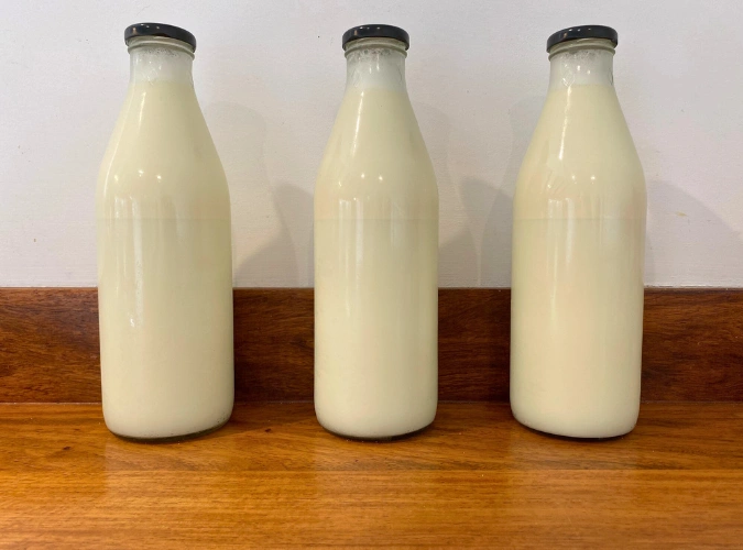 Glass Bottles of Fresh Raw Farm Milk