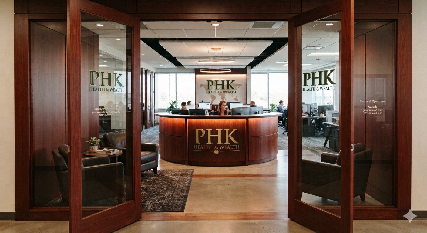 The PHK Health & Wealth office entrance, glass doors opening onto the reception desk.