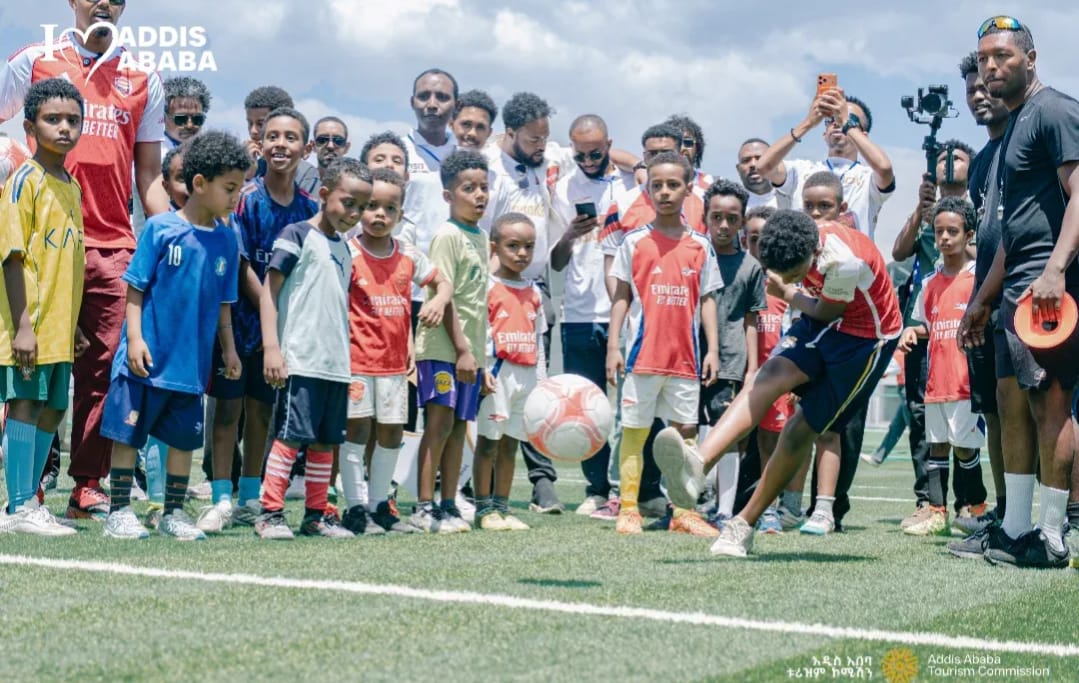 Children playing football at Premier Youth Academy in Addis Ababa