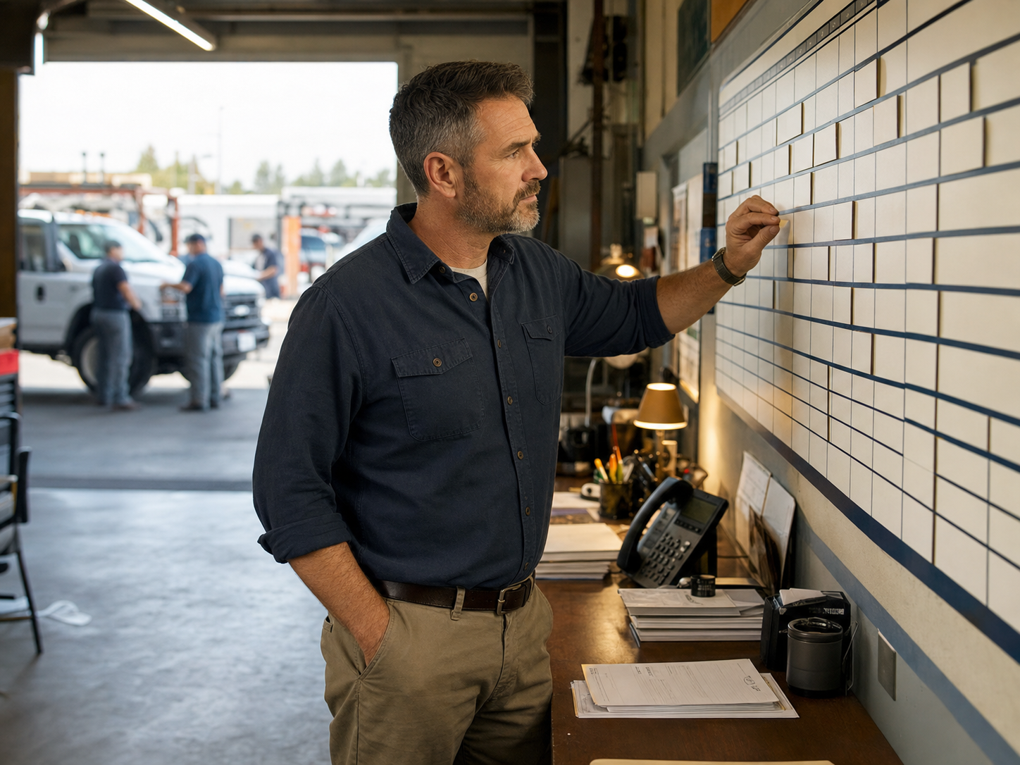 Home-service company owner reviewing gaps in the crew schedule