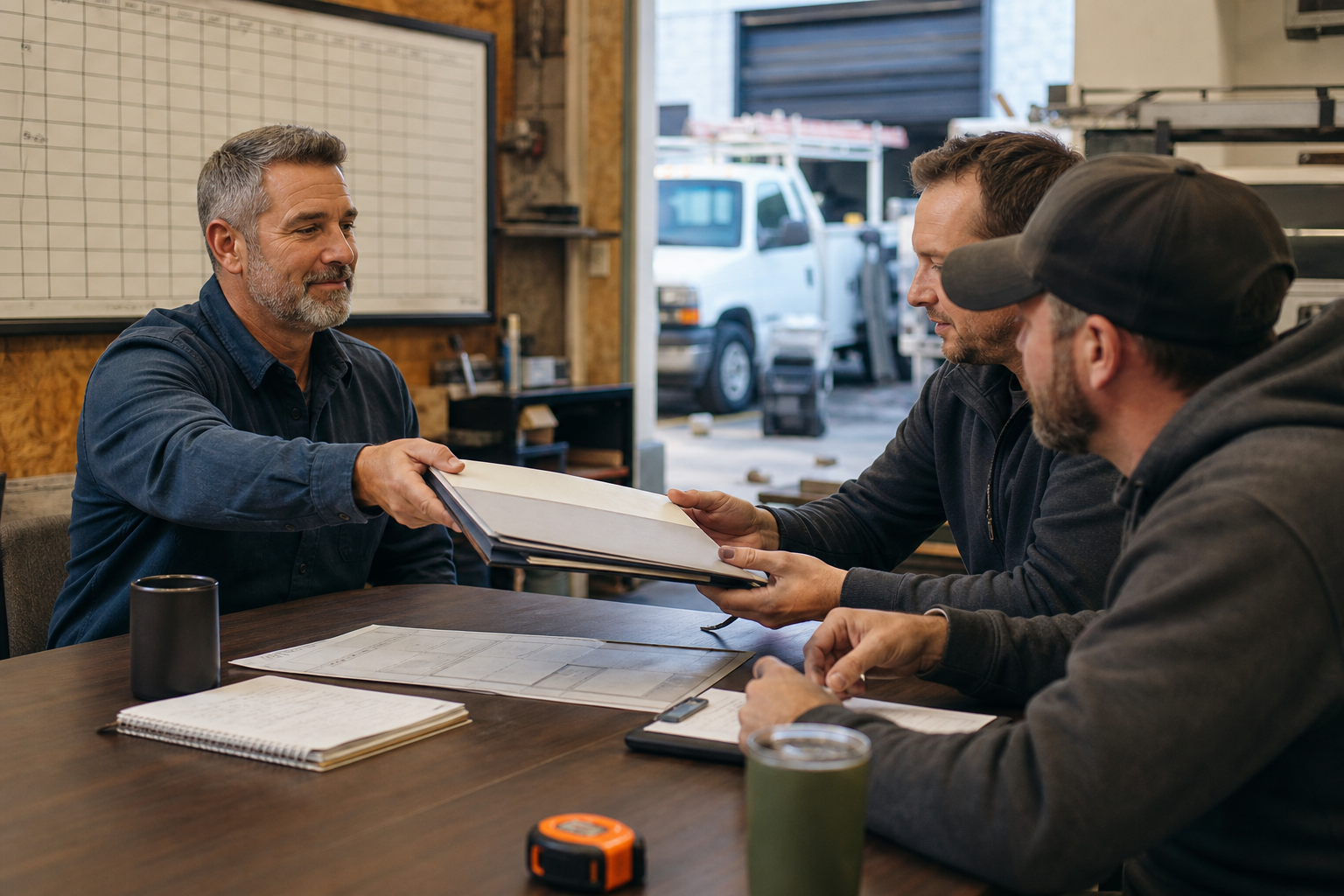 Home-service owner handing the growth plan to an experienced implementation crew