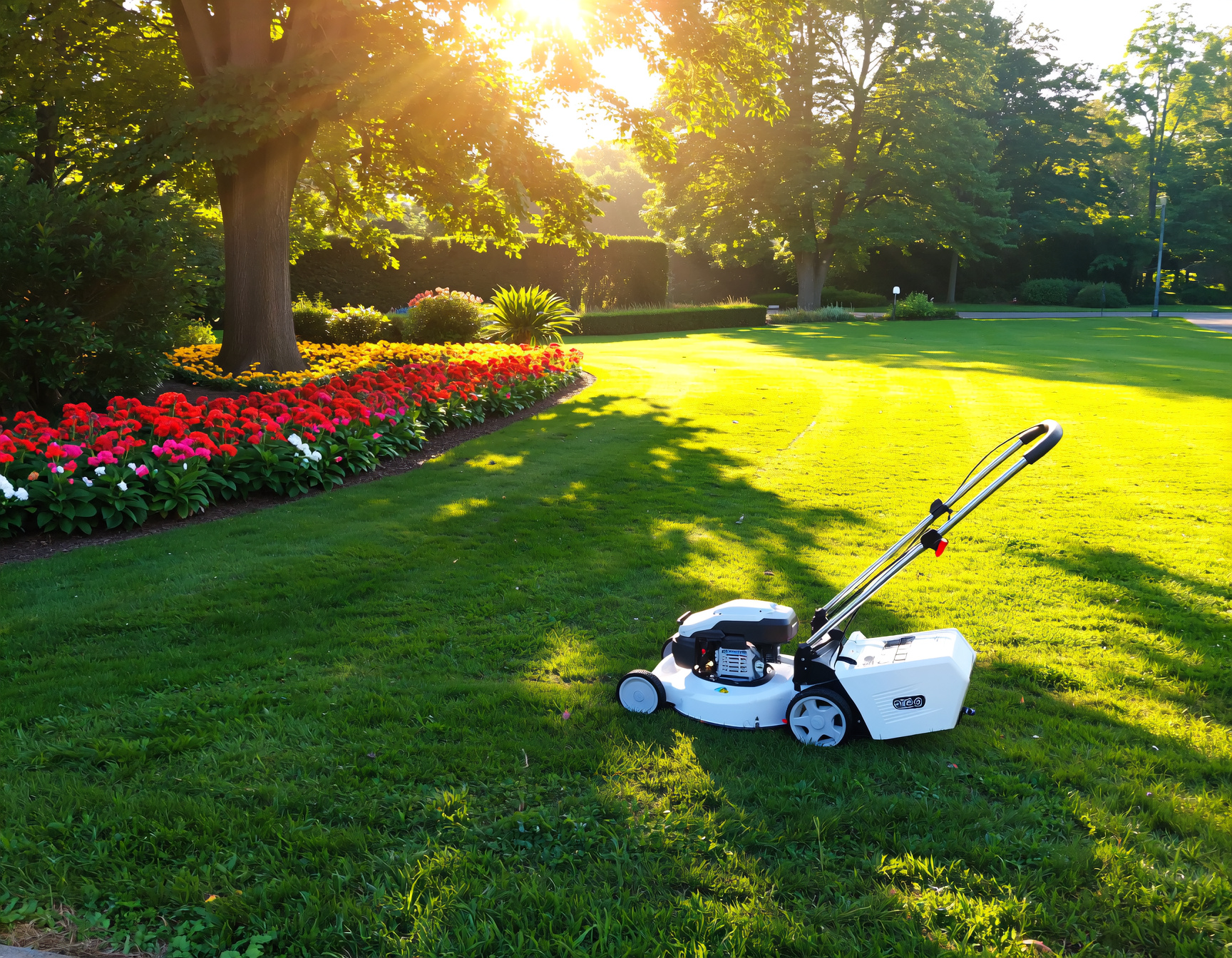 Lush green grass and trees in a park.