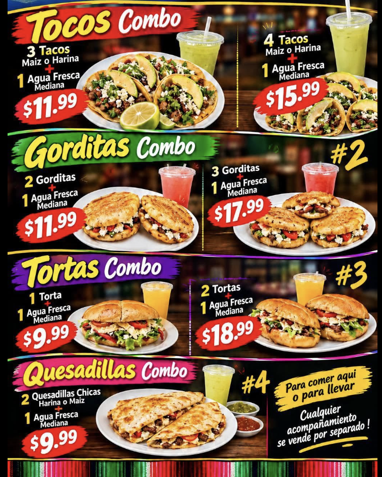 Combos de tacos, gorditas, tortas y quesadillas