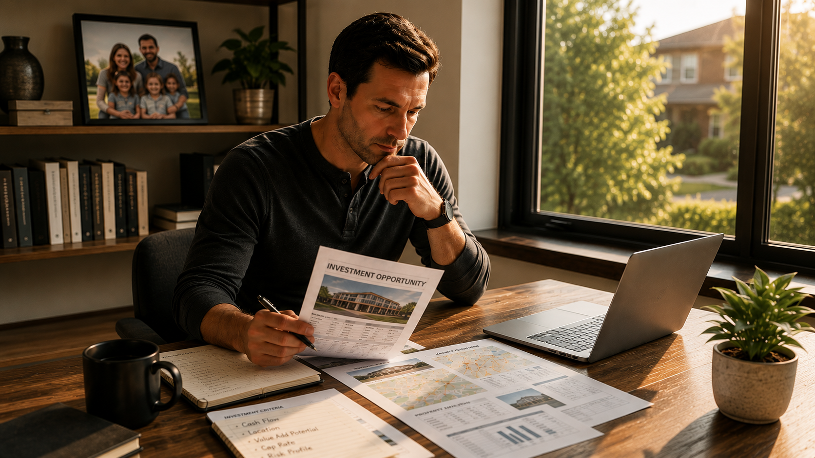 An investor reviews opportunities in warm natural light