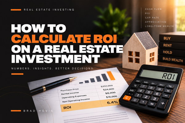 Real estate investor calculating return on investment using property financial data