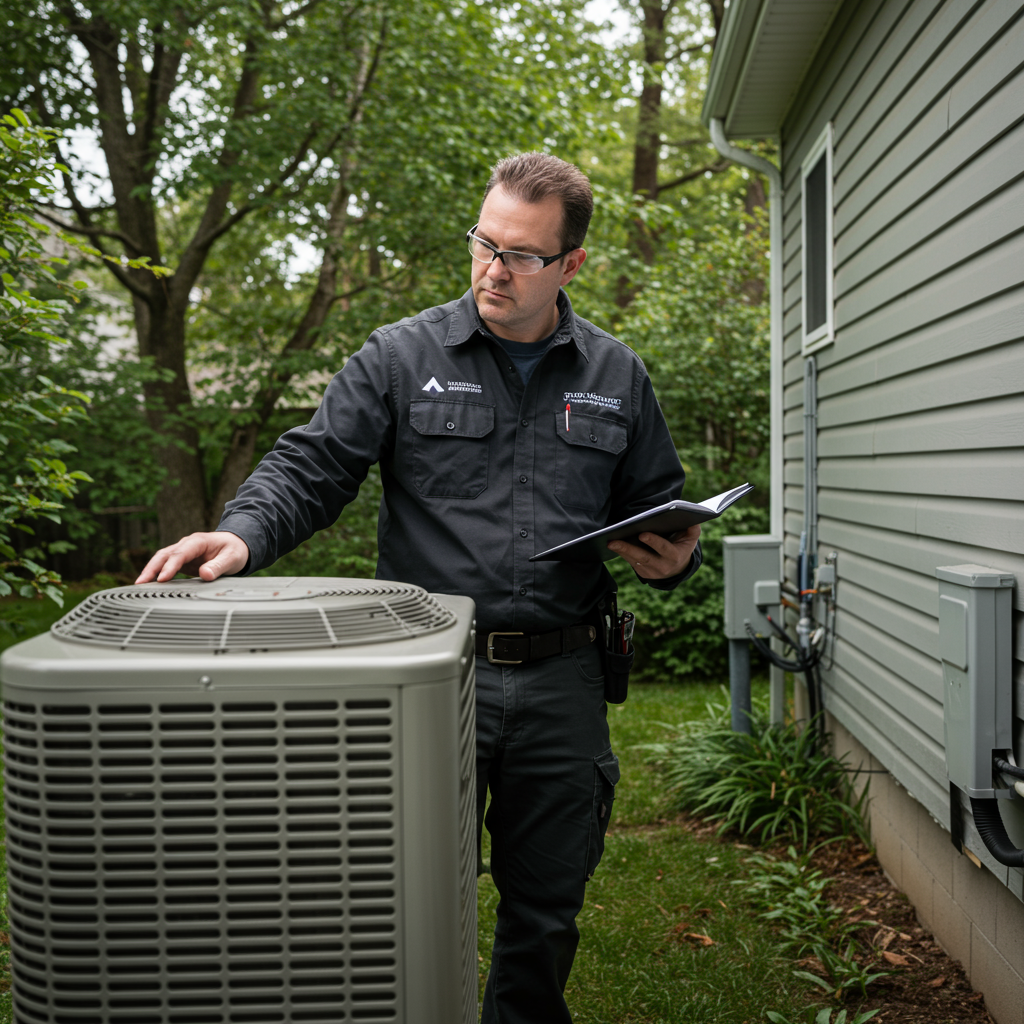 local licensed home inspector viewing a residential air condioning compressor