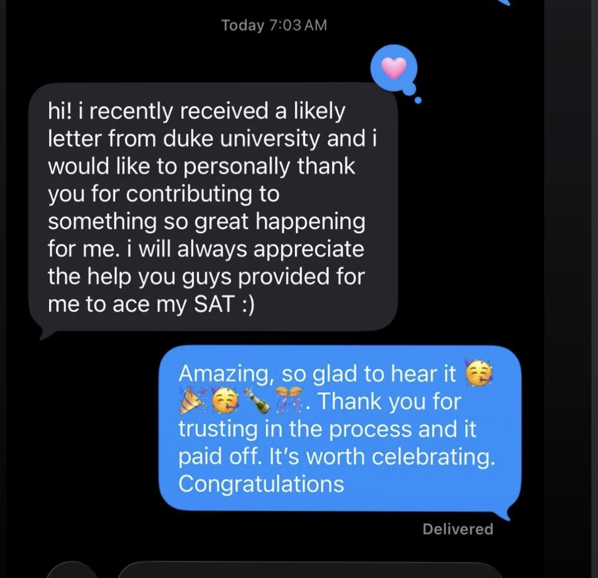 Text message testimonial