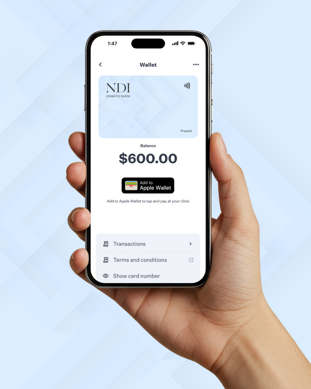 The NDI Treatment Wallet card in Apple Wallet
