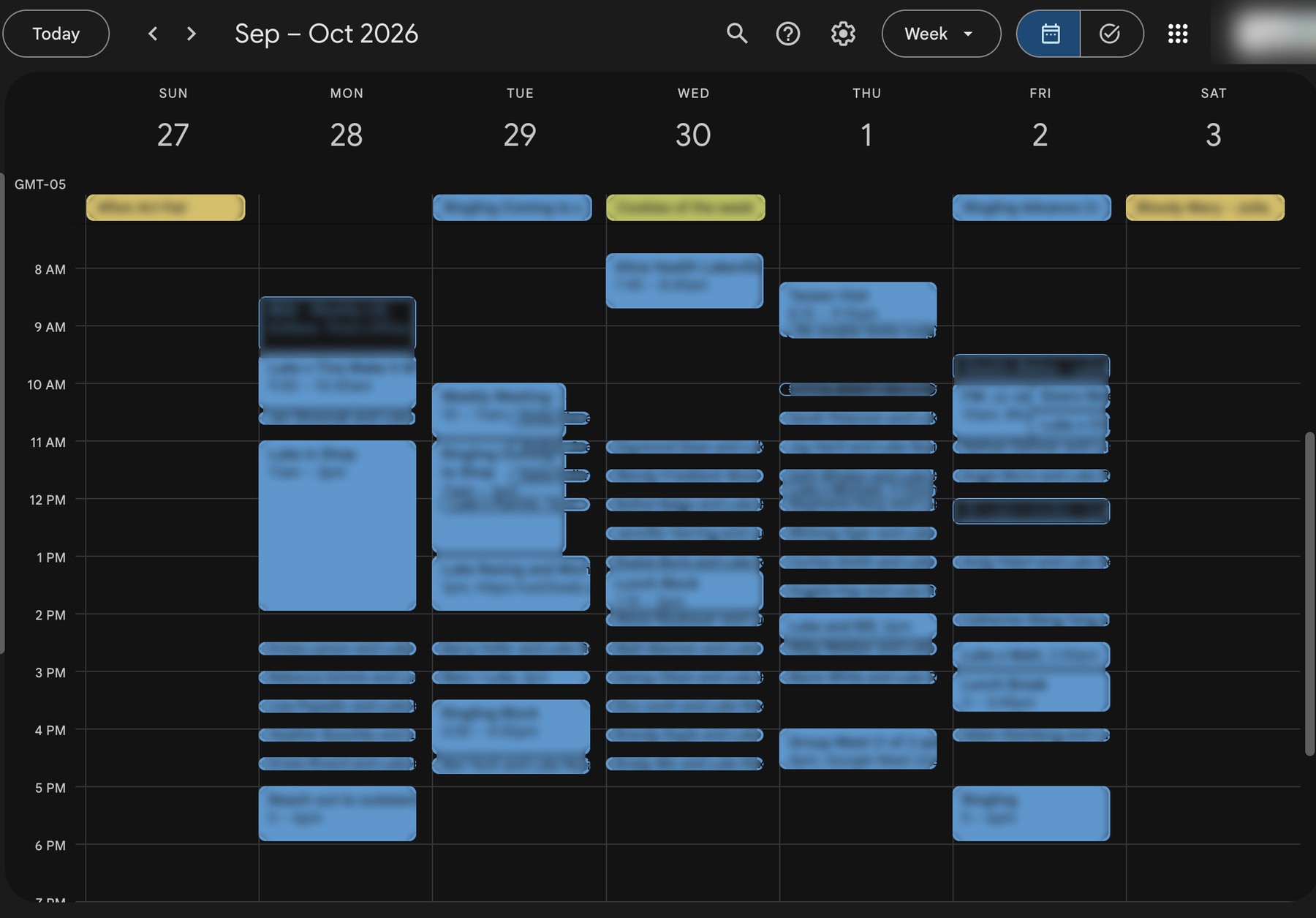 Luke's calendar five weeks in: a week in late September packed with booked calls