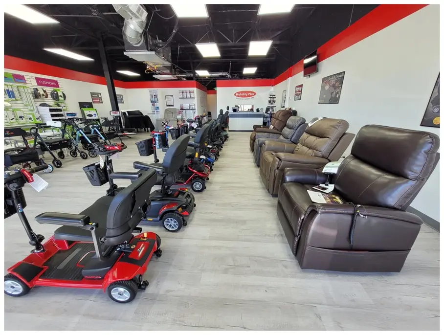 Inside a Mobility Plus Stores showroom displaying scooters, power chairs, and mobility equipment