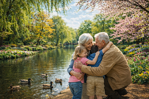 Caregiver holding grandfather's hands warmly by the water