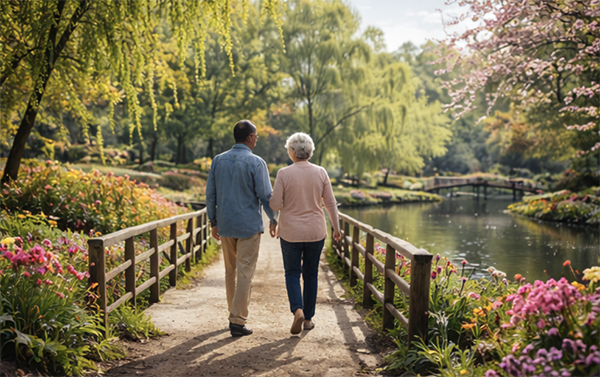 Couple walking hand in hand over bridge in park garden
