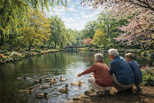 Family feeding ducks by the lake in a tranquil botanical park