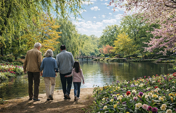 Family walking hand-in-hand along a tranquil lake surrounded by blooming trees
