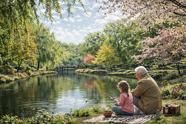 Caregiver Insights - Grandfather and granddaughter fishing together by the serene lake