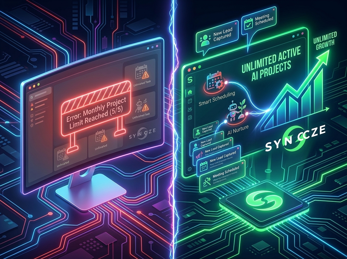 Visual comparison showing restricted 5-project software limits versus Syncze unlimited AI campaign execution.