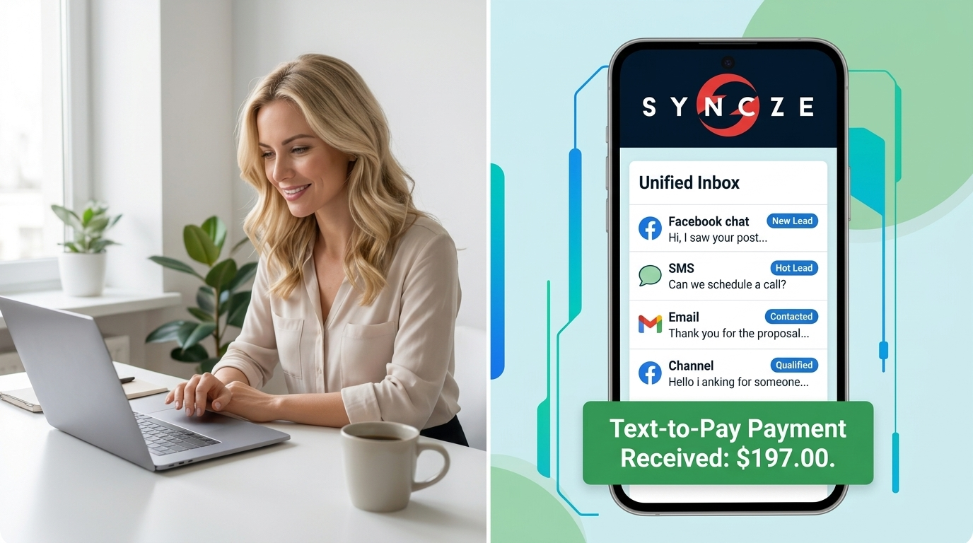 Syncze Starter Plan mobile interface showing the All-In-One Unified Inbox and a successful Text-to-Pay invoice transaction. Syncze Starter Plan mobile interface showing the All-In-One Unified Inbox and a successful Text-to-Pay invoice transaction.