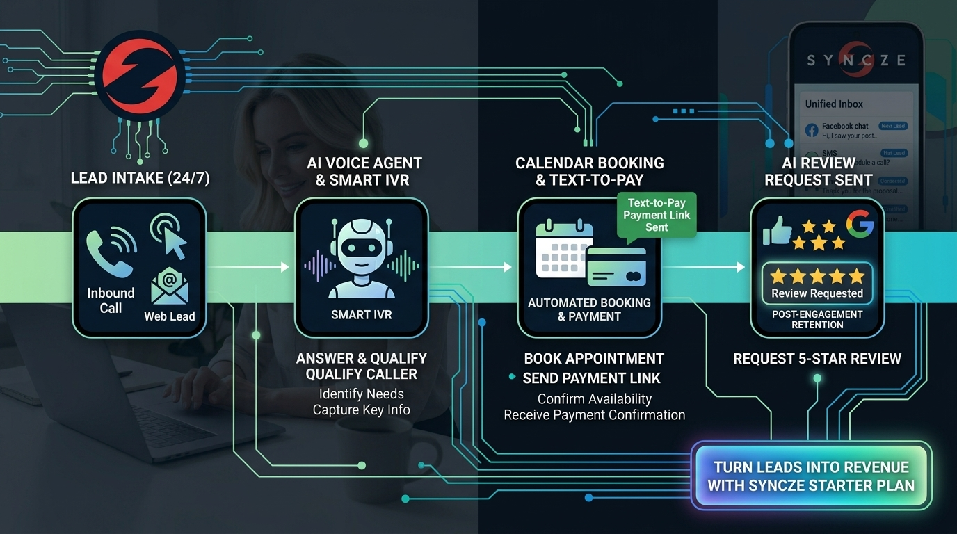 Step-by-step diagram showing 24/7 lead capture, AI IVR voice routing, and automated calendar booking on Syncze. Step-by-step diagram showing 24/7 lead capture, AI IVR voice routing, and automated calendar booking on Syncze.