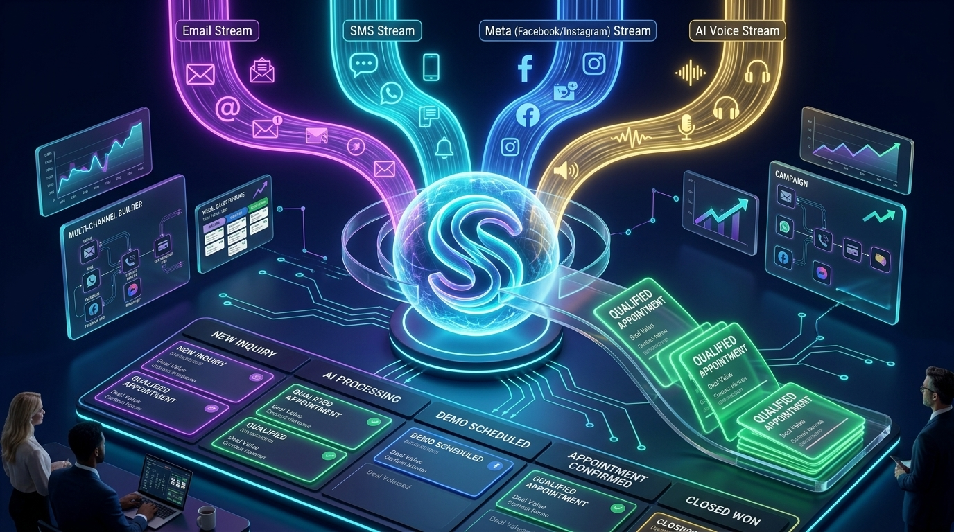 3D visualization of multi-channel lead streams (Email, SMS, Meta, Voice) converging into an AI processing nucleus and funneling into an automated sales pipeline.