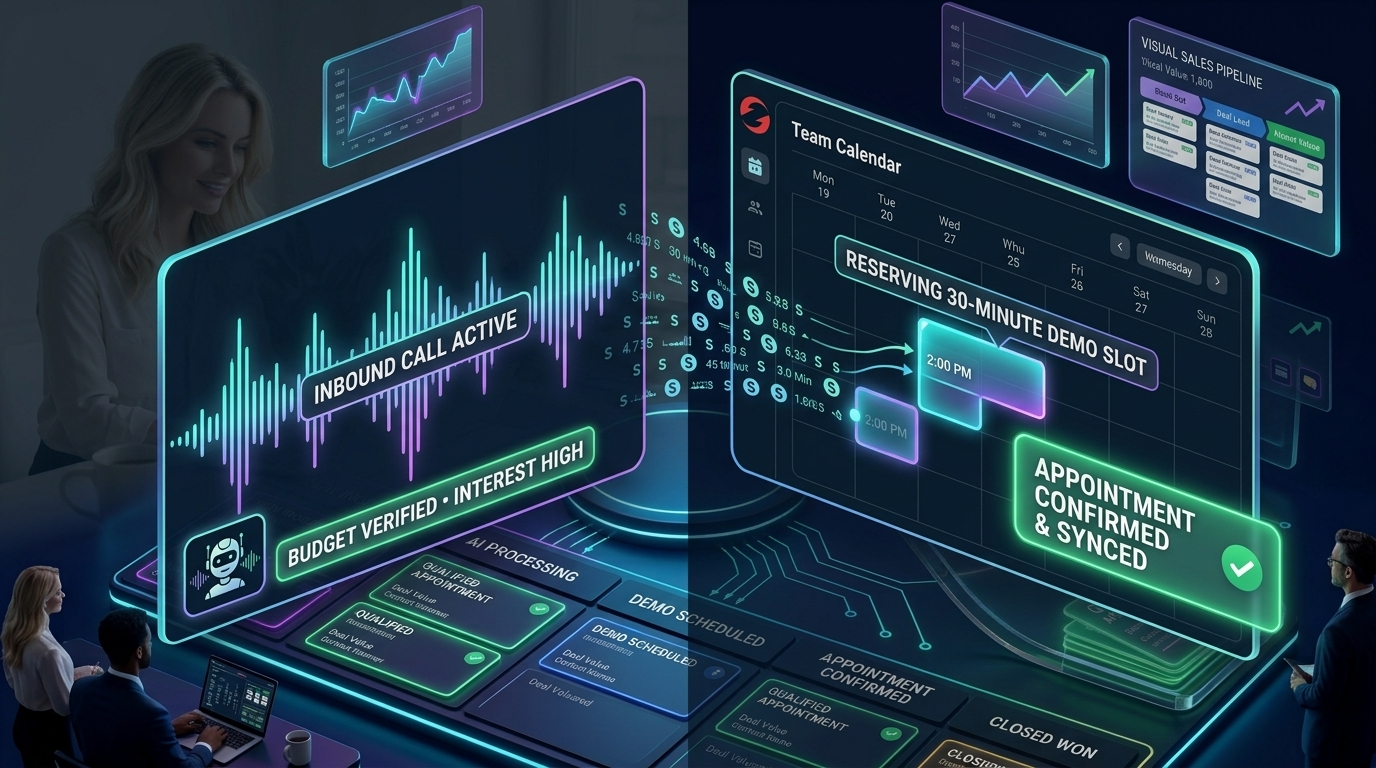 Interactive UI showing a Syncze AI voice agent qualifying an inbound call and booking an appointment on a team calendar.
