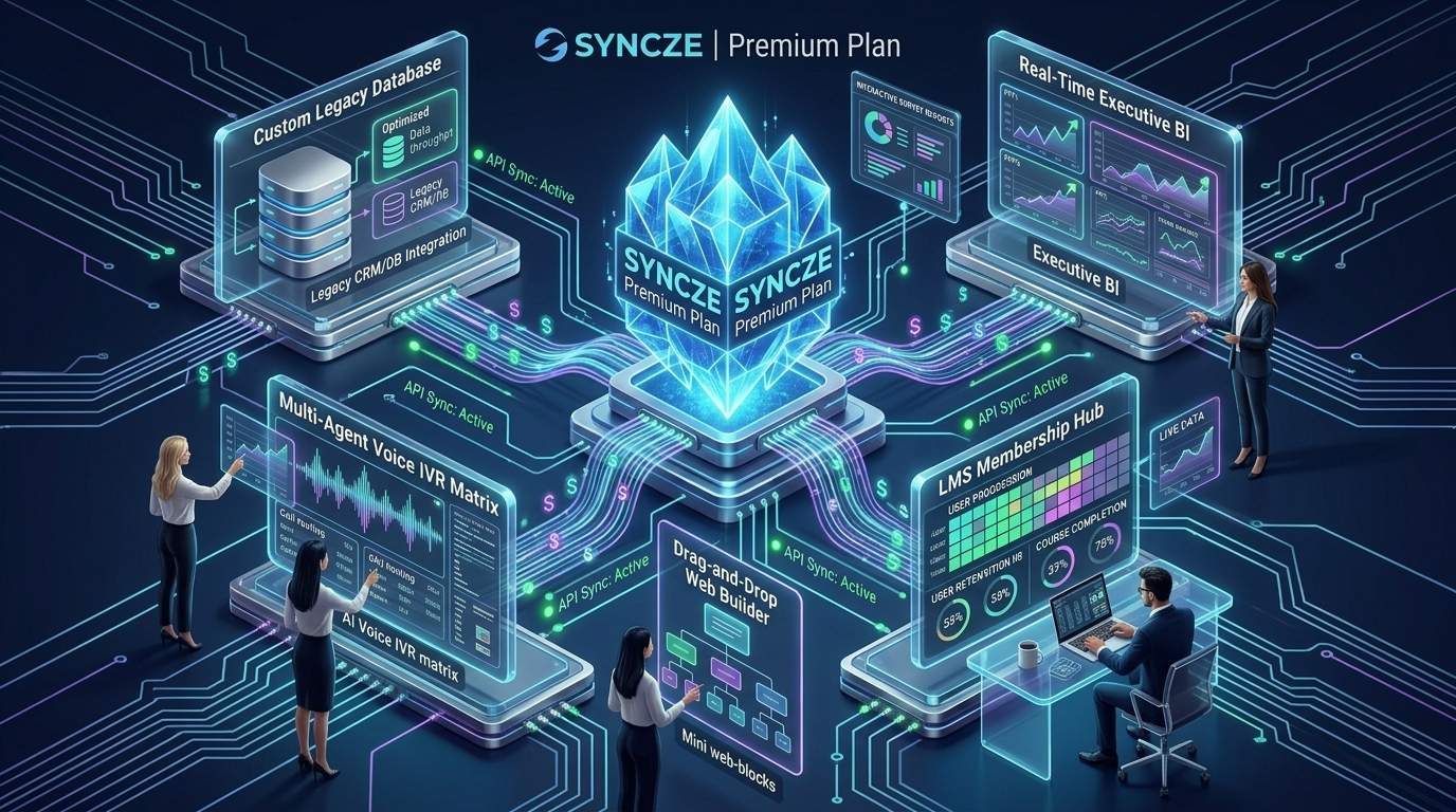 3D architectural neural mesh diagram of the Syncze Premium Plan connecting custom enterprise CRMs, AI voice agents, and membership portals.