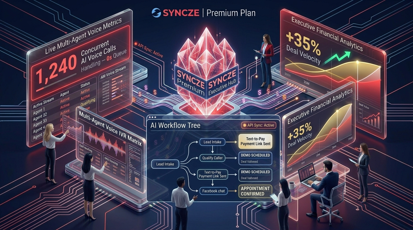 Syncze Premium Plan executive reporting dashboard featuring real-time revenue analytics, active AI voice agent streams, and custom workflow automation triggers.