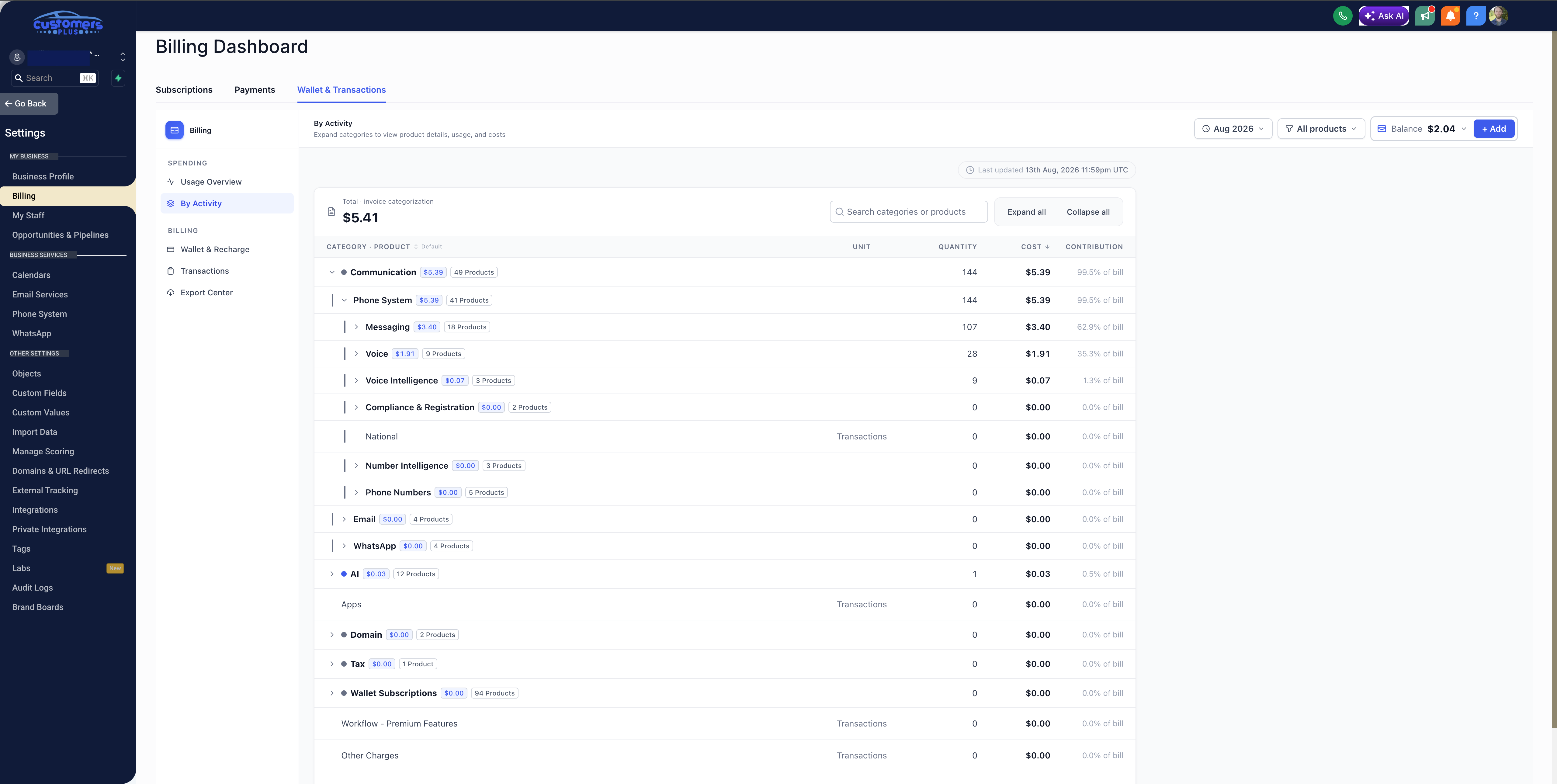 Customers Plus Wallet and Transactions billing dashboard showing itemized usage and billing activity.